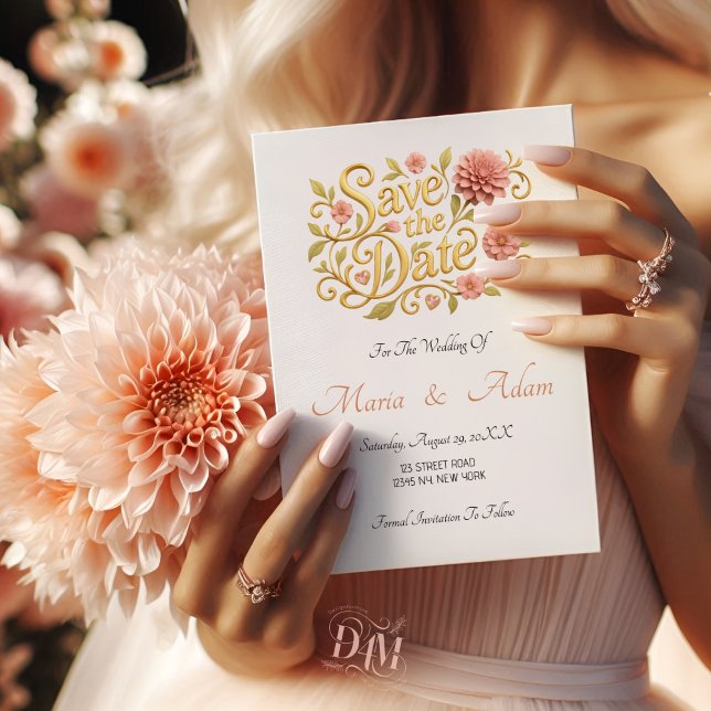 Elegant Blush Dahlias Golden Script Wedding Photo  Save The Date (Von Creator hochgeladen)