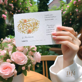 Elegant Blush Dahlias Golden Script Wedding RSVP Karte