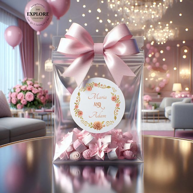 Elegant Blush Dahlias Golden Script Wedding Runder Aufkleber (Von Creator hochgeladen)