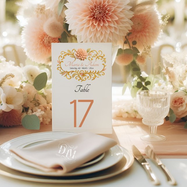 Elegant Blush Dahlias Golden Script Wedding Tischnummer (Von Creator hochgeladen)