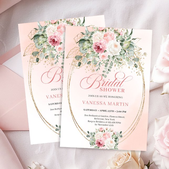 Elegant Blush Eucalyptus Bridal Shower Gold Invite Einladung (Elegant Blush Eucalyptus Bridal Shower Gold Invitation)