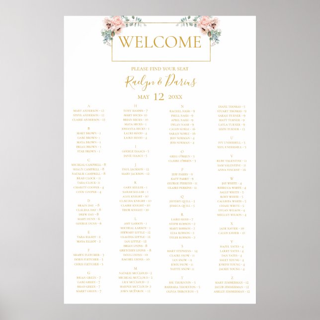 Elegant Blush Floral | Alphabetische Sitztabelle Poster (Vorne)