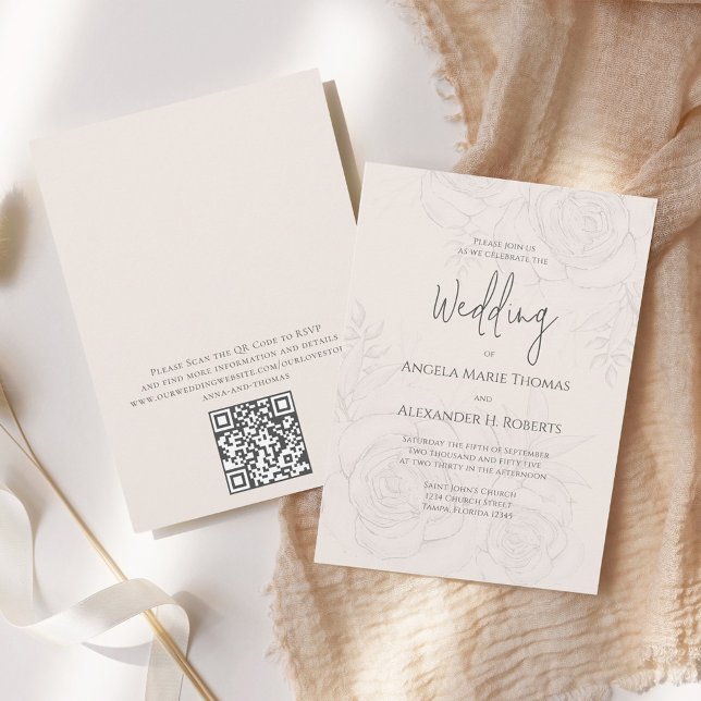 Elegant Blush Floral Calligraphy Script QR Code Einladung (Elegant blush floral wedding invitation with elegant calligraphy script. with QR Code. )