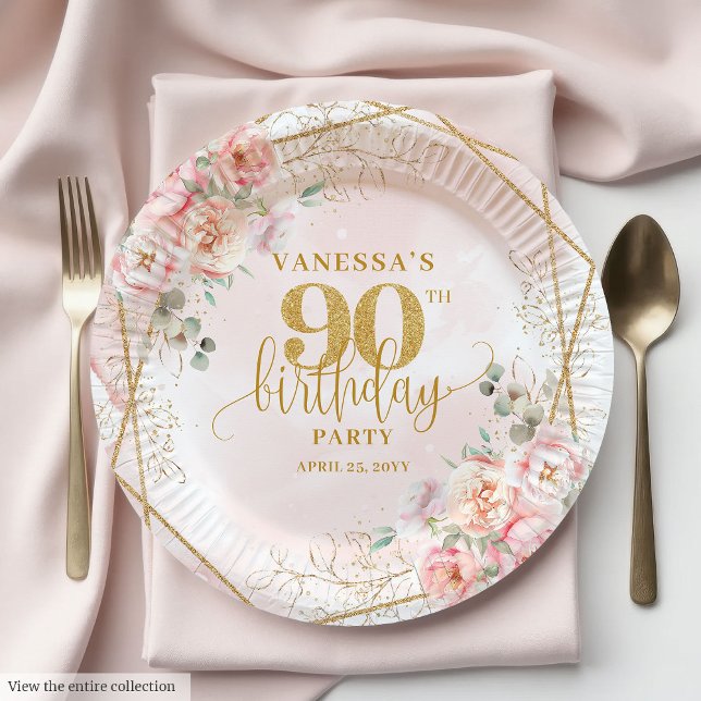 Elegant Blush Floral Gold Frame 90th Birthday Plat Pappteller (Elegant Blush Floral Gold Frame 90th Birthday Plates)