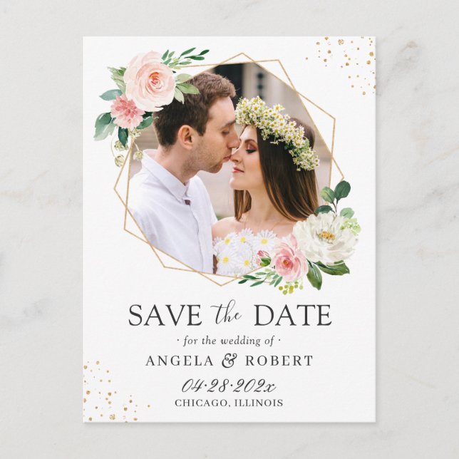 Elegant Blush Floral Gold Geometric Save the Date Postkarte (Vorderseite)