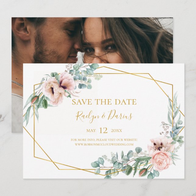Elegant Blush Floral | Horizontal Gerettet Foto D Save The Date (Vorne/Hinten)