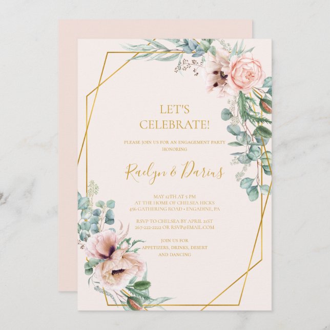 Elegant Blush Floral | Pastel Feiern Einladung (Vorne/Hinten)