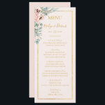 Elegant Blush Floral | Pastel Wedding Dinner Menu Menükarte<br><div class="desc">Diese elegante Blüte | Pastel Hochzeitsmenü ist perfekt für Ihre boho, rosa Frühling botanische Hochzeit. Das Design zeichnet sich durch einen vergoldeten Rahmen aus, begleitet von einer schlichten Champagner-Rose in Aquarellfarben, einer minimalistisch grünen Eukalyptusgrün und einer modernen, neutralen, korallenförmigen Mohnblüte-Wildblume. Das Design ist luxuriös und ideal für eine klassische, klassische,...</div>