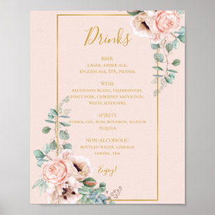 Elegant Blush Floral Pastel Wedding Drinks Menu Poster