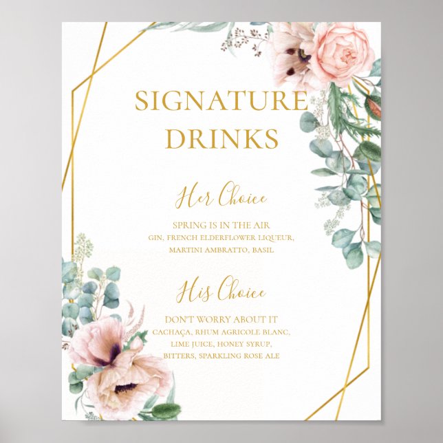 Elegant Blush Floral | Unterschrift Drinks Poster (Vorne)