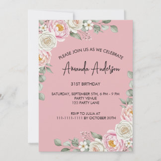 Elegant Blush Floral Watercolor Birthday  Einladung