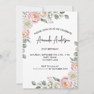 Elegant Blush Floral Watercolor Birthday  Einladung