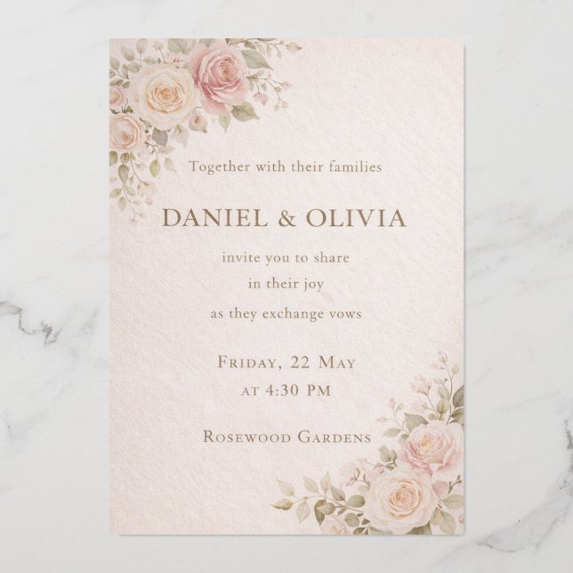 Elegant Blush Floral Wedding Invitation Card Folieneinladung (Vorderseite)