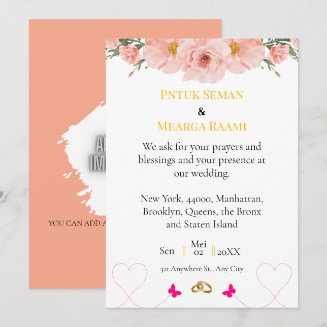Elegant Blush Floral Wedding Invitation with Gold  Einladung (Vorne/Hinten)