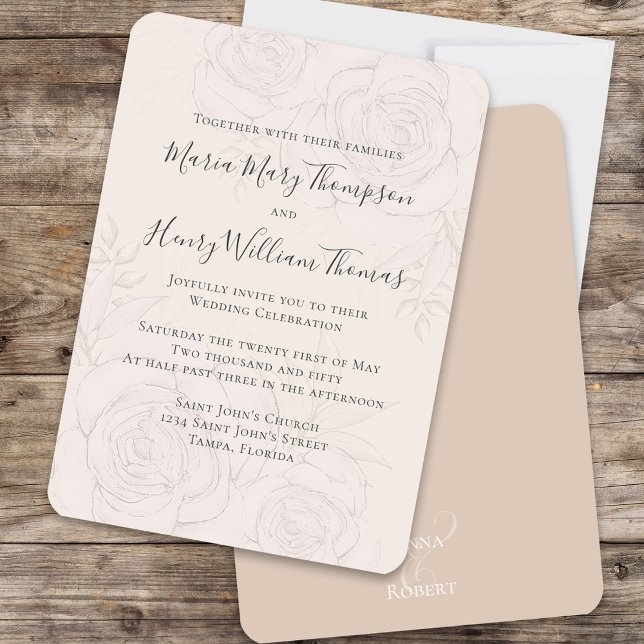Elegant Blush Floral Wedding Script formell Einladung (Blush floral wedding invitation with a nude beige back.)