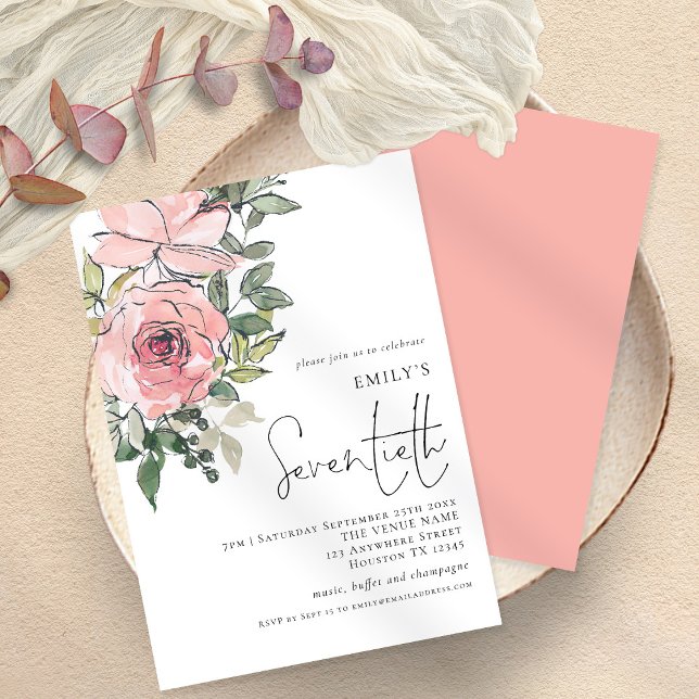 Elegant Blush Florals Seventieth Birthday Party Einladung (Von Creator hochgeladen)