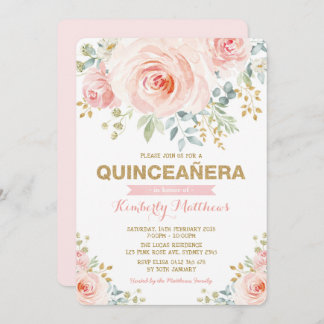 Elegant Blush Gold Blumengrün Quinceañera Einladung