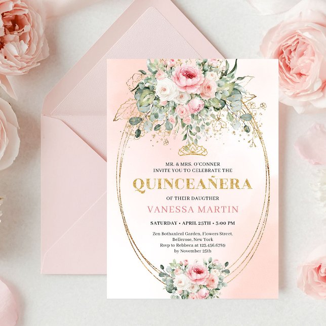 Elegant Blush & Gold Boho Quinceañera Floral Invit Einladung (Elegant Blush & Gold Boho Quinceañera Floral Invite)
