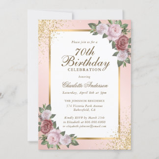 Elegant Blush Gold Confetti Floral 70. Geburtstag Einladung