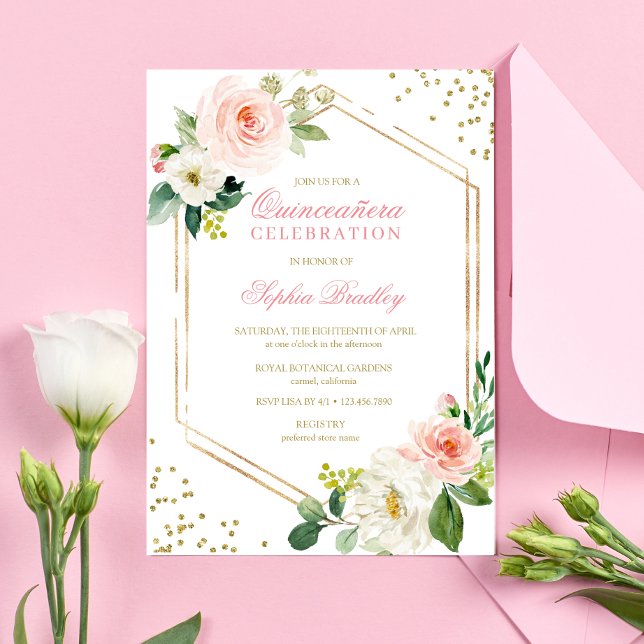 Elegant Blush Gold Pink Floral Quinceñera Einladung (Von Creator hochgeladen)