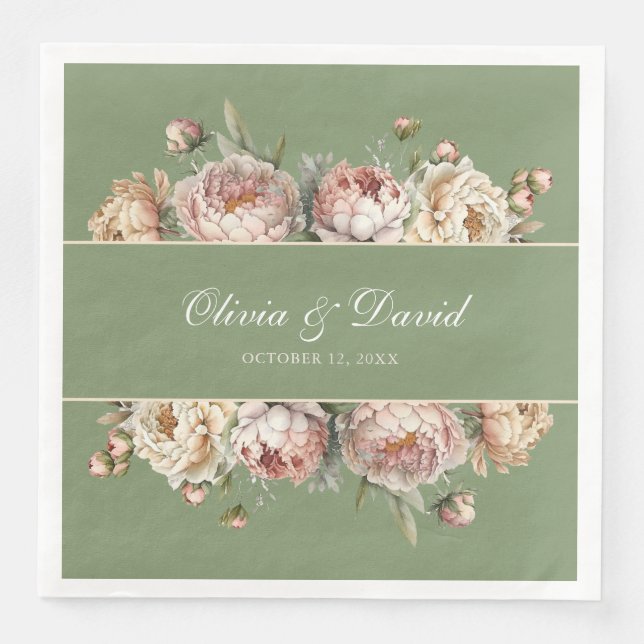 Elegant Blush Greenery Peonies Paper Napkin Serviette (Vorderseite)