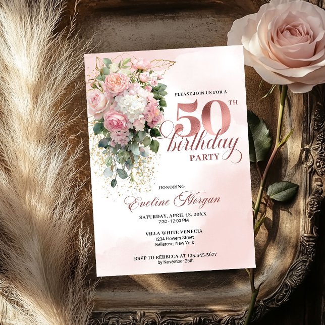Elegant Blush Greenery Rose Gold 50th Birthday  Einladung (Elegant Blush Greenery Rose Gold 50th Birthday Invite)