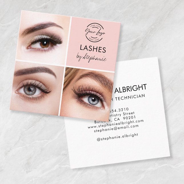 Elegant Blush Pink Black Script 3 Photo Lashes Quadratische Visitenkarte (Von Creator hochgeladen)