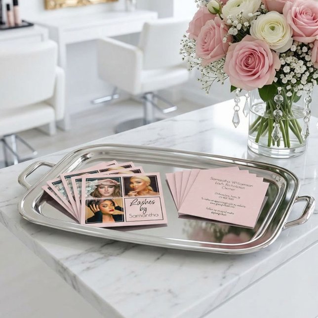 Elegant Blush Pink Black Script 3 Photo Lashes Quadratische Visitenkarte (Von Creator hochgeladen)