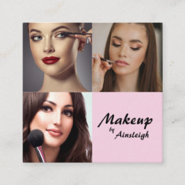 Elegant Blush Pink Black Script 3 Photo Makeup Quadratische Visitenkarte