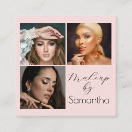 Elegant Blush Pink Black Script 3 Photo Makeup Quadratische Visitenkarte