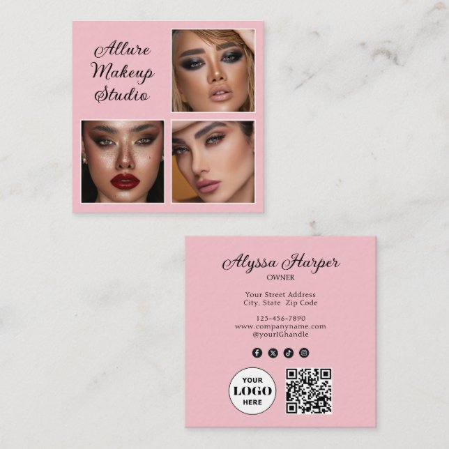Elegant Blush Pink Black Script 3 Photo Makeup Quadratische Visitenkarte (Vorne/Hinten)