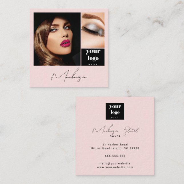 Elegant Blush Pink Black Script 3 Photo Makeup Quadratische Visitenkarte (Vorne/Hinten)