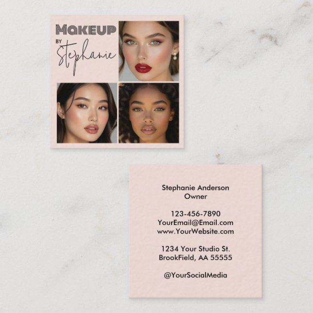 Elegant Blush Pink Black Script 3 Photo Makeup Quadratische Visitenkarte (Vorne/Hinten)