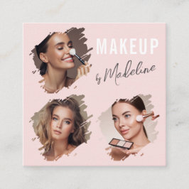 Elegant Blush Pink Black Script 3 Photo Makeup Quadratische Visitenkarte