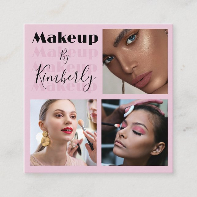 Elegant Blush Pink Black Script 3 Photo Quadratische Visitenkarte (Vorderseite)