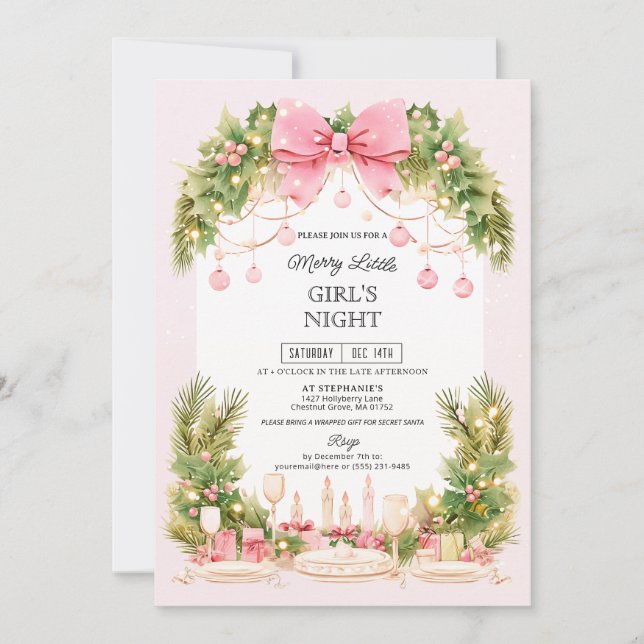 Elegant Blush Pink Bow Christmas Girls Night  Einladung (Vorderseite)