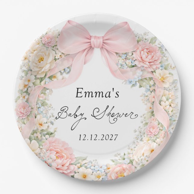 Elegant Blush Pink Bow Floral Baby Shower Pappteller (Vorderseite)