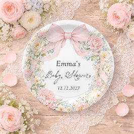 Elegant Blush Pink Bow Floral Baby Shower Pappteller
