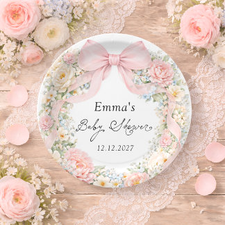 Elegant Blush Pink Bow Floral Baby Shower Pappteller