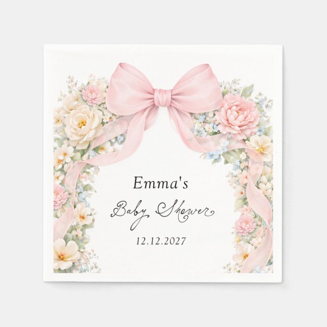 Elegant Blush Pink Bow Floral Baby Shower Serviette (Vorderseite)