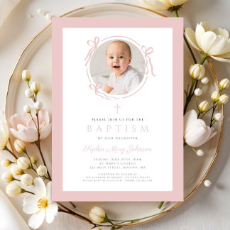 Elegant Blush Pink Bow Photo Baptism Einladung
