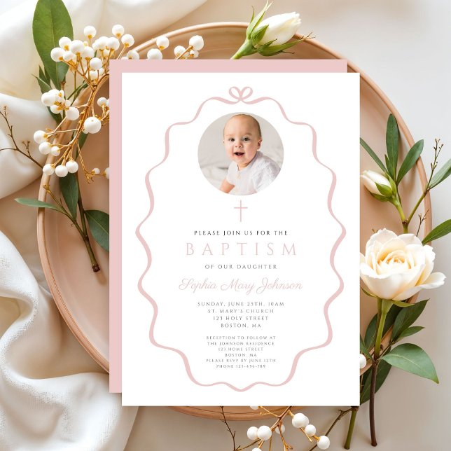 Elegant Blush Pink Bow Photo Girl Baptism Einladung (Elegant Blush Pink Bow Photo Girl Baptism Invitation)
