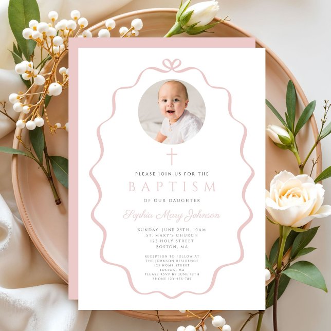 Elegant Blush Pink Bow Photo Girl Baptism Einladung (Elegant Blush Pink Bow Photo Girl Baptism Invitation)