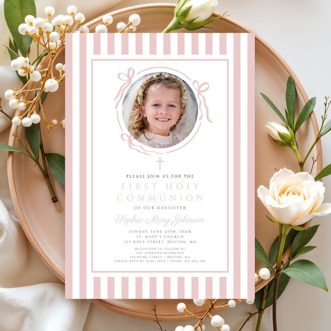 Elegant Blush Pink Bow Photo Girl First Communion Einladung (Elegant Blush Pink Bow Photo Girl First Communion Invitation)