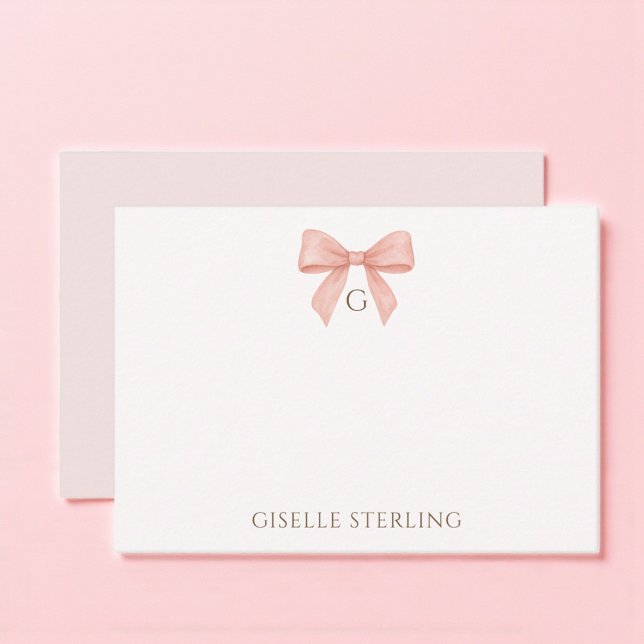 Elegant Blush Pink Bow Watercolor Monogram Mitteilungskarte (Von Creator hochgeladen)