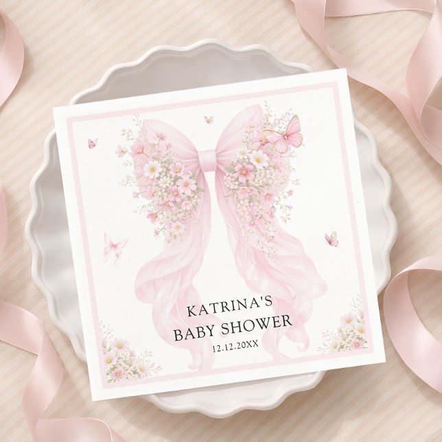 Elegant Blush Pink Bow Wildflower Baby Shower Serviette (Von Creator hochgeladen)