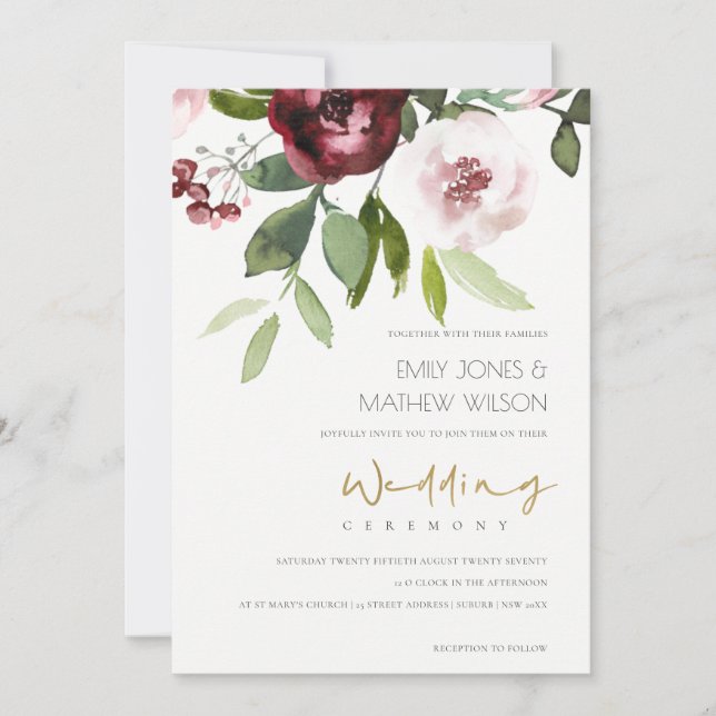 ELEGANT BLUSH PINK BURGUNDY PEONY FLORAL WEDD EINLADUNG (Vorderseite)