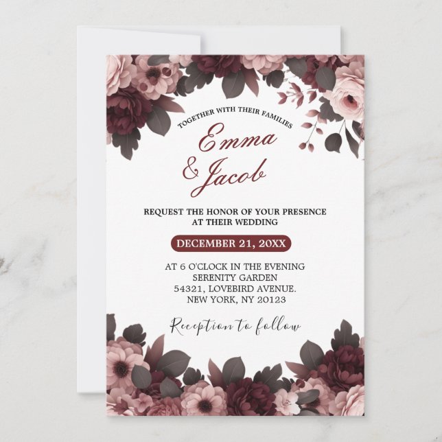 Elegant Blush Pink Burgundy Rose Boho Wedding Einladung (Vorderseite)