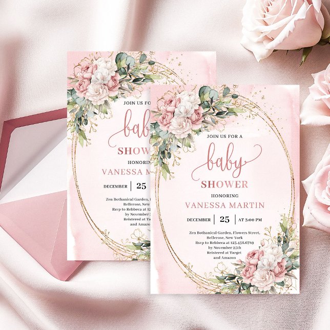 Elegant Blush Pink Floral Eucalyptus Girl Baby  Einladung (Boho Rose Gold Floral Greenery Girl Baby Shower)