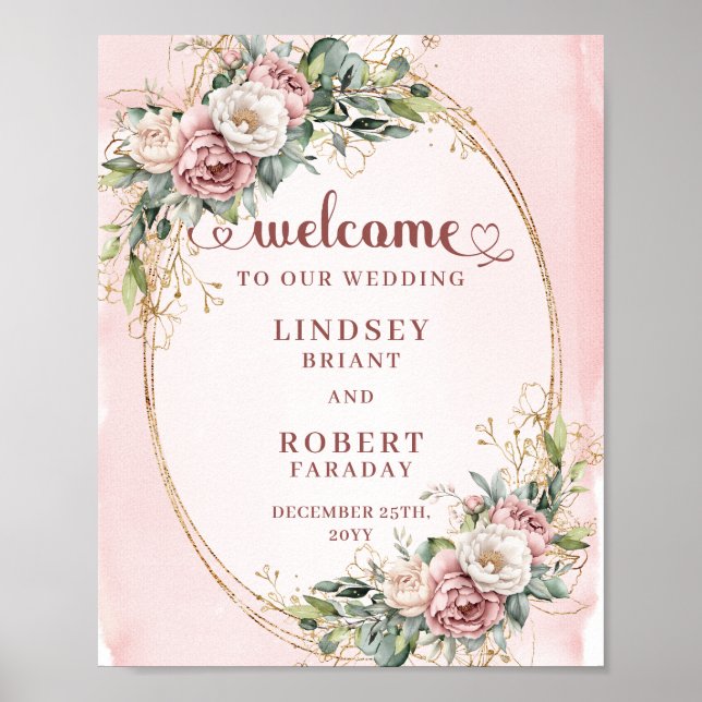 Elegant Blush Pink Floral Eucalyptus Gold Welcome  Poster (Vorne)
